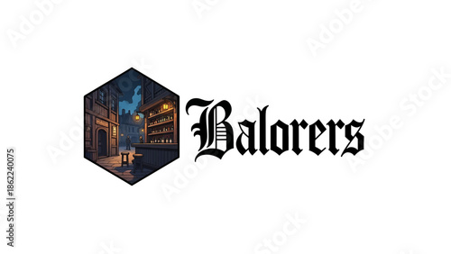 A hexagonal graphic depicts a tavern scene at night with a bar, stools, street lights, & stone paving. Gothic text is to the right