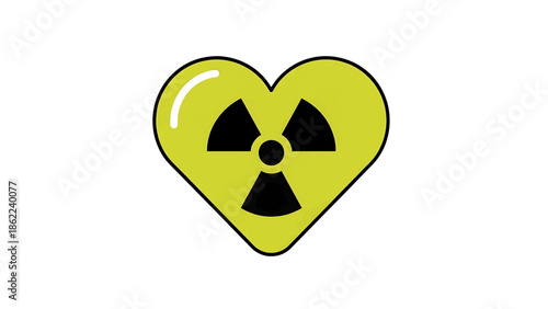 A heart-shaped symbol, neon-green with a black outline, contains a black radiation hazard symbol. The background is pure white