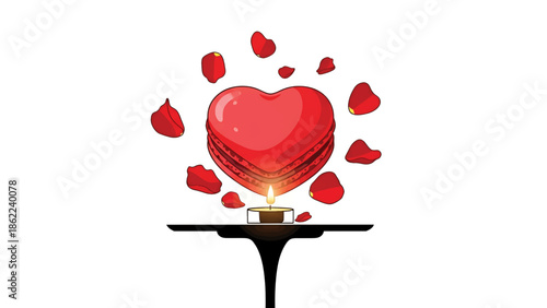 A heart-shaped treat adorned with petals, sitting above a candle on a table. The candle emits a warm glow, evoking a romantic atmosphere