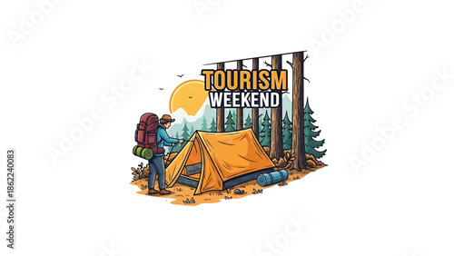 A hiker sets up a tent in a forest scene at sunset. The image uses orange and green to illustrate a tourism weekend. Mountains appear in the distance