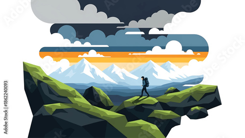 A hiker traverses a rocky, green landscape. Snowy mountains rise in the distance beneath a sky with layers of clouds, orange hues and dusk