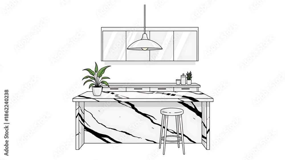 Fototapeta premium A kitchen island with a marble countertop, a stool, a plant and a pendant light, simple graphic illustration