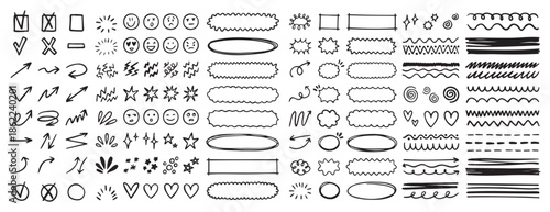 doodle underline emphasis scribble elements line hand drawn set. doodle brush shapes stroke highlight sparkle and arrow elements. childish drawing kids style.
