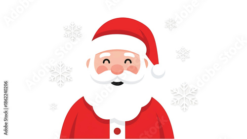 A jolly character with a white beard and red outfit, wearing a hat, smiling, with snowflakes scattered around