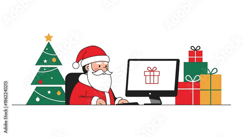 A jolly character in a red suit works on a computer with a gift icon. A decorated tree and stacked presents are nearby