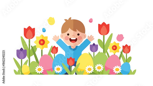 A joyful child amidst a colorful arrangement of flowers, eggs, and scattered blossoms, creating a festive spring scene with a sunny vibe