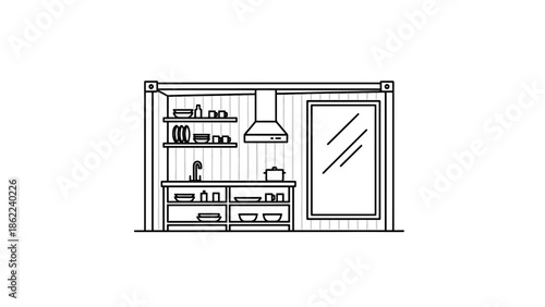 A kitchen inside a rectangular container. Features include a sink, range hood, shelves, window, and various kitchenware. Simple, line art style