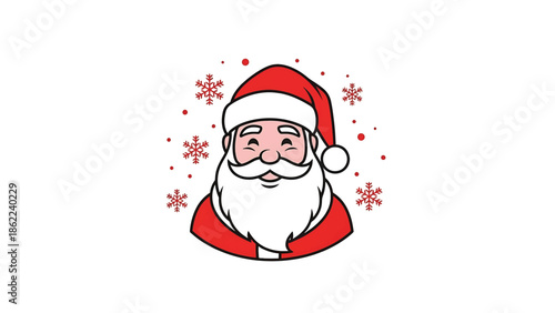 A joyful illustration of a man with a white beard, red hat and suit. Snowflakes and dots are in the background against a white backdrop