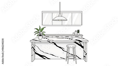 A kitchen island with a marble countertop, a stool, a plant and a pendant light, simple graphic illustration