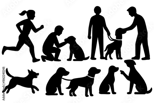 silhouettes of Training Dogs,
Man and Woman Training Dogs – Silhouette Obedience Vector