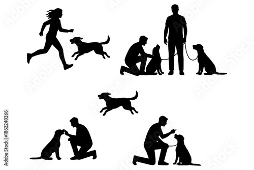 silhouettes of Pet Training,
Pet Training Silhouette Vector – Human and Dog Obedience Scenes