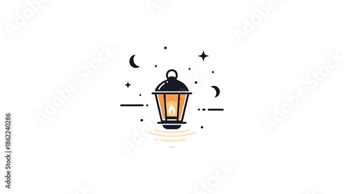 A lantern icon surrounded by stars and crescent moons on a white background, suggesting a night scene. The lantern has a flame