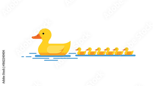 A large, yellow adult bird is depicted, followed by six small, similarly colored hatchlings. They are floating on blue lines