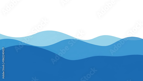 A layered abstract design features blue wave shapes on a white background, creating depth and a sense of fluidity