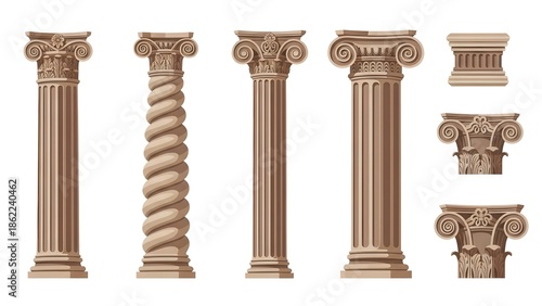 Collection Of Beige Classical Greek And Roman Architectural Columns And Capitals