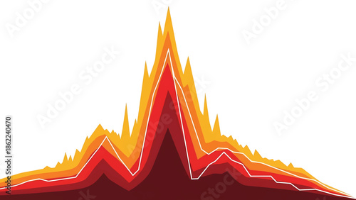 A layered, abstract graphic of varying warm colors, resembling a mountain range or a graph, on a white background. Colors range from deep red to golden yellow