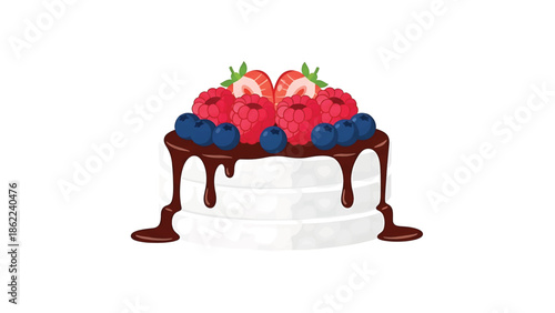 A layered cake with white frosting is topped with chocolate ganache and fresh berries. The berries include blueberries, raspberries, and halved strawberries