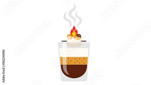 A layered drink is shown in a clear glass. A marshmallow is set aflame on top. Wisps of smoke rise from the fire