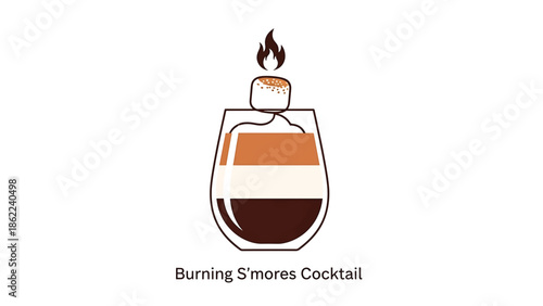 A layered drink is shown in a unique glass, with a toasted marshmallow and flame. The drink has brown, cream, and dark brown layers. The overall style is clean