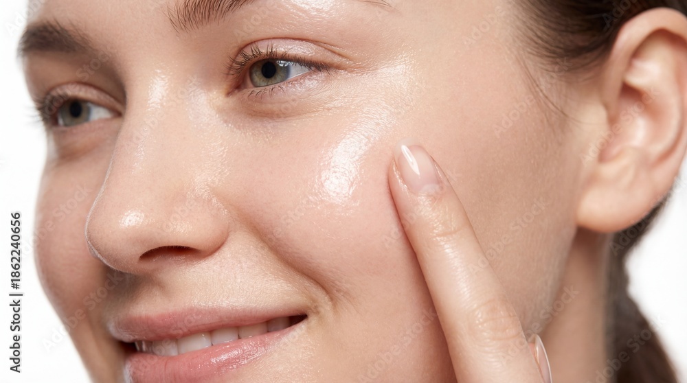 Obraz premium Extreme closeup of happy woman applying serum or moisturizer on radiant, dewy skin, emphasizing hydration, glow, and flawless texture for beauty campaigns.