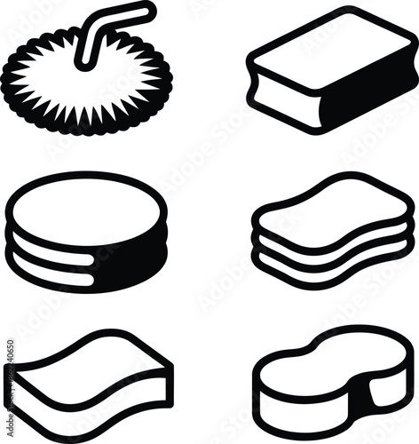 Cleaning Tools Vector Set Featuring Six Black and White Line Icons of Sponges and Scrub Brush for Hygiene and Housekeeping Graphics.