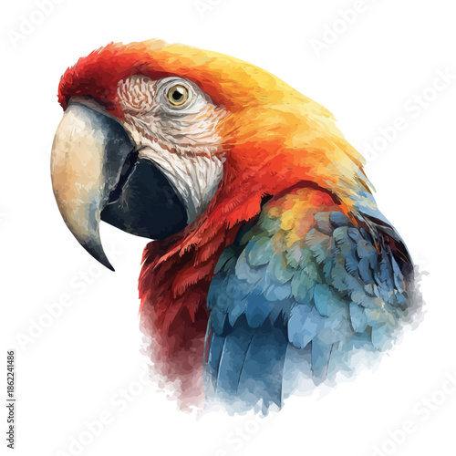 Macaw Head, watercolor illustration, vector style, isolated on a white background.