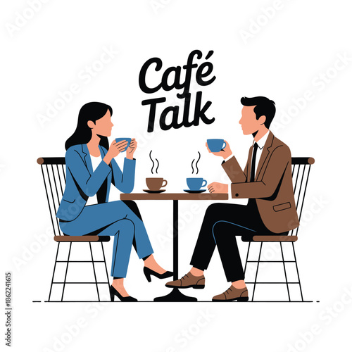 Business couple shares warm beverage while discussing strategy.