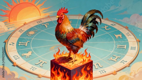 Isometric illustration of Shio Rooster 2026, proud rooster standing on fire pedestal, zodiac wheel and sunrise motif in background