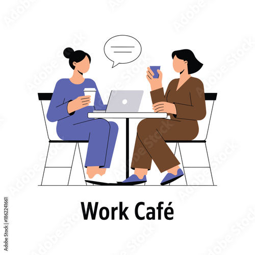 Two women discuss work while having coffee outdoors at table.