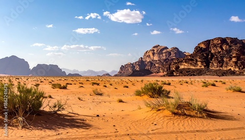 Wadi Rum desert landscape with sandstone mountains in Jordan.