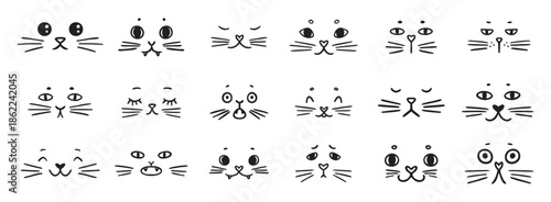 cute funny cat faces doodle hand drawn icon set. Outline drawing cats emotions different mood happy or sad line clipart symbol collection
