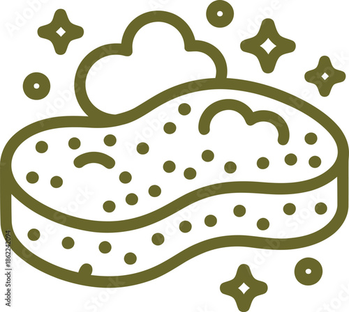 Outlined Cleaning Sponge Vector with Bubbles and Sparkles for Hygiene, Sanitation, and Housekeeping-Themed Minimalist Line Art.