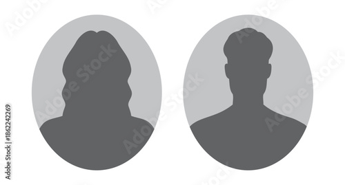 woman and man silhouette avatars or profile gray icon in oval. male and female portraits, anonymous people icons in oval shape
