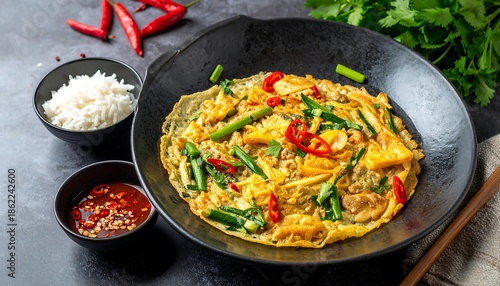 Delicious Thai Omelette with Vegetables and Rice.