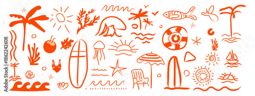 A vibrant collection of hand drawn summer doodles featuring tropical plants ocean waves and recreational items in a single color