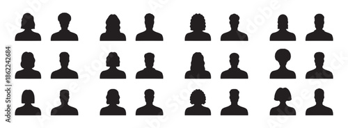 Silhouette male and female heads. People profile avatars, anonymous faces portraits, black silhouette unknown faceless set