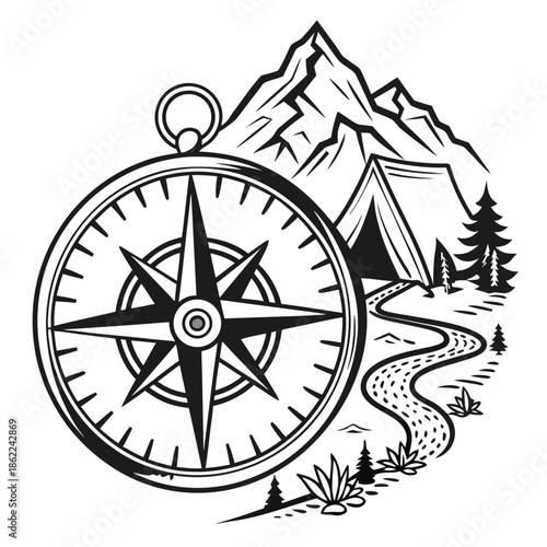 A detailed compass rose is overlaid onto a wilderness scene featuring a mountain range, tent, and winding path for adventure navigation.