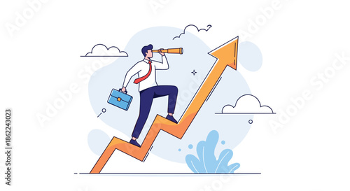 Ambitious businessman walking up a rising orange arrow while looking through a telescope to find new business opportunities.