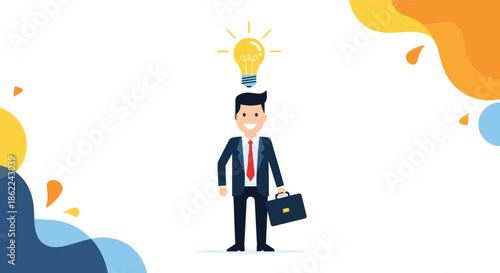 Successful businessman with a glowing light bulb idea over his head holding a briefcase while standing on a white background.