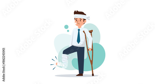 Injured businessman with a bandage on his head and a leg cast using a crutch to represent insurance and work accidents.