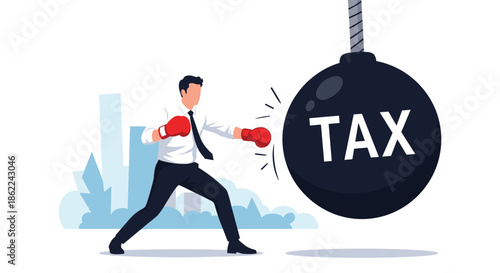 Strong businessman wearing red boxing gloves punching a giant heavy ball labeled tax to represent fighting high business taxes.