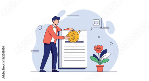 Young man in a red jacket putting a large gold coin into a slot on a document page to represent payment or investment.