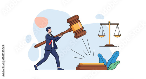 Powerful businessman swinging a giant wooden gavel next to a scale of justice to represent legal business matters and law.
