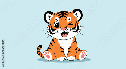 Adorable baby tiger cartoon character with orange fur and black stripes sits happily and winks with one eye against a light blue background.