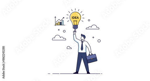 Businessman in a professional suit stands holding a giant lightbulb marked with the word idea above his head with business icons around.