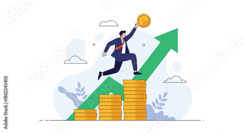 Ambitious businessman running up a set of coin stacks with a rising green arrow to represent financial success and growth.