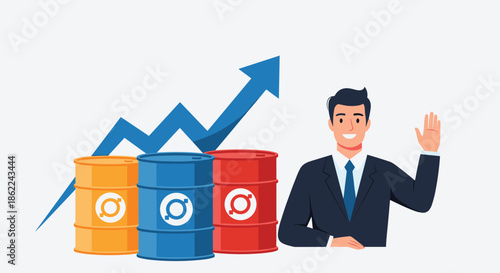 Cheerful businessman waving next to a set of oil barrels and a rising blue arrow indicating a growth in energy prices.