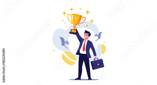 Victorious businessman in a dark suit holding a golden trophy cup and a briefcase while celebrating his career achievement.