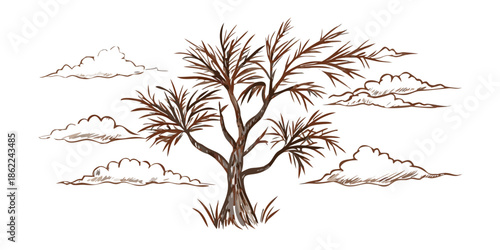 A sketch of a lone tree with fluffy clouds against a dark backdrop