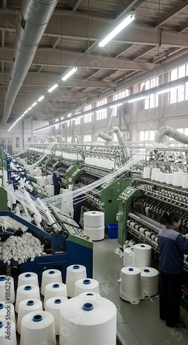 An interior shot of a textile factory, showcasing numerous spinning machines, workers, and large spools of white thread. The ceiling features long lights